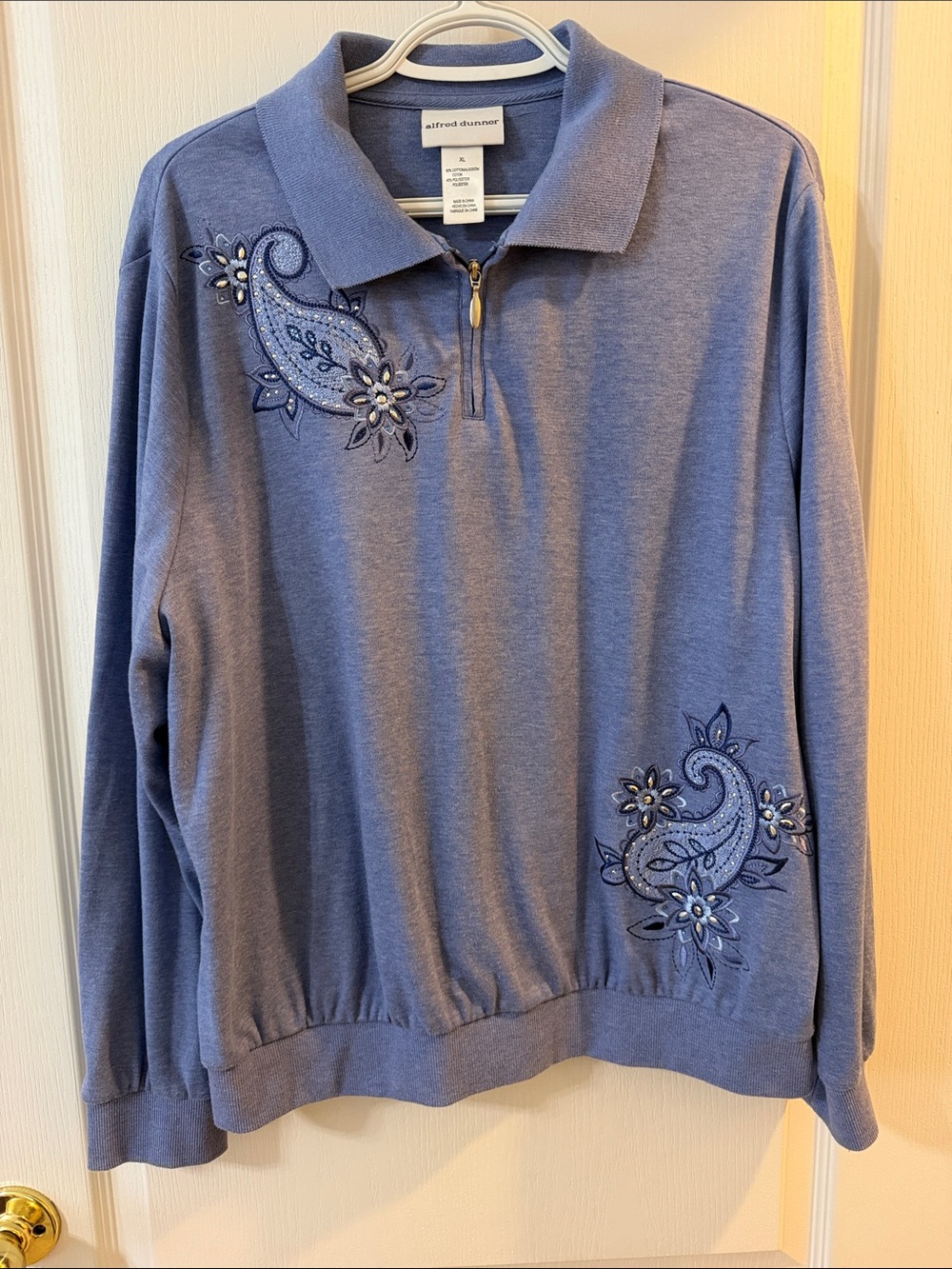 Alfred Dunner Periwinkle Blue Quarter-Zip top with Paisley Embroidery